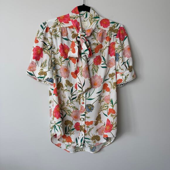 Kate Spade Picnic Perfect Blossom Floral Tie Neck Women's Blouse Top Size Small - Picture 1 of 11